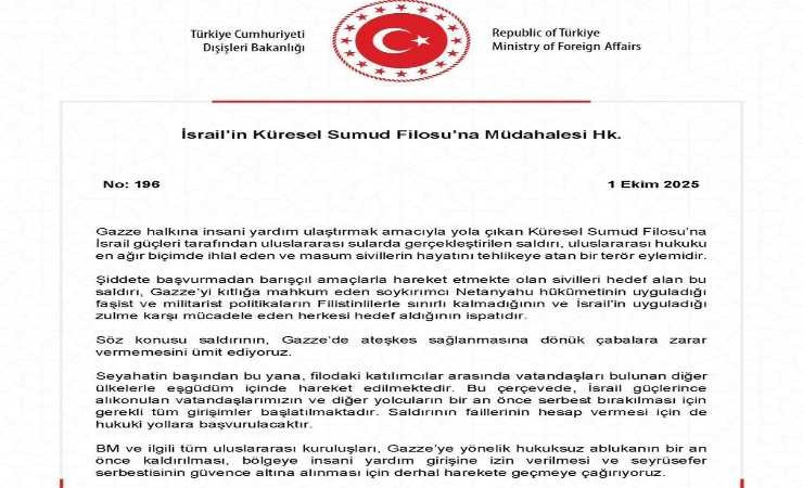 Dışişleri Bakanlığı: İsrail'in Sumud Filosu'na saldırısı terör eylemidir