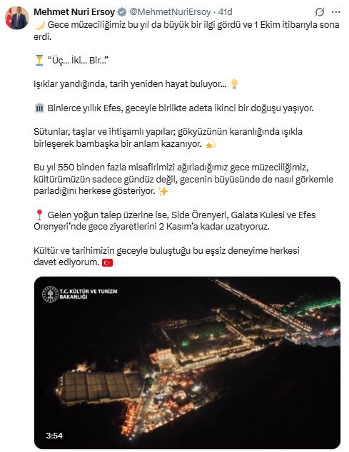 Bakan Ersoy, 3 noktada gece müzeciliğinin 2 Kasım'a kadar uzatıldığını açıkladı