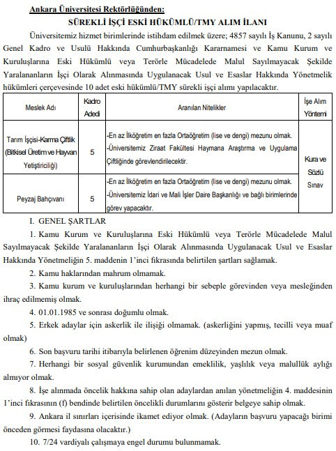 Ankara Üniversitesi kura ile sürekli işçi alım ilanı yayımladı