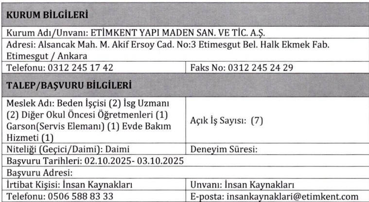 Etimesgut Belediyesi Etimkent 7 kamu işçisi alacağını duyurdu