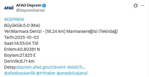 Marmara Denizi'nde 5 büyüklüğünde deprem meydana geldi!