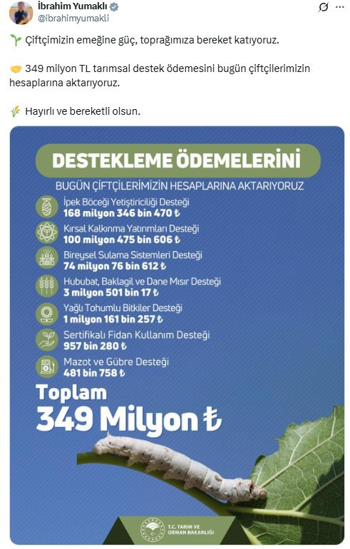 Çiftçilere 349 milyon TL'lik destek ödemesi hesaplara yatırılıyor