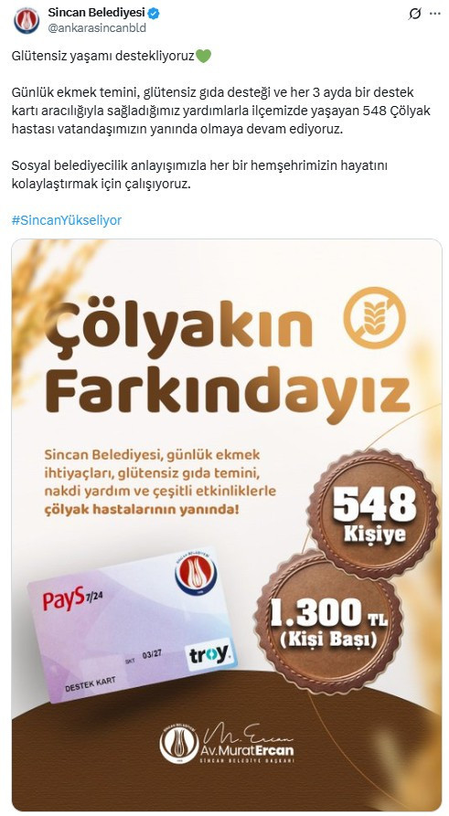 Sincan Belediyesi'nden 548 çölyak hastasına maddi destek!