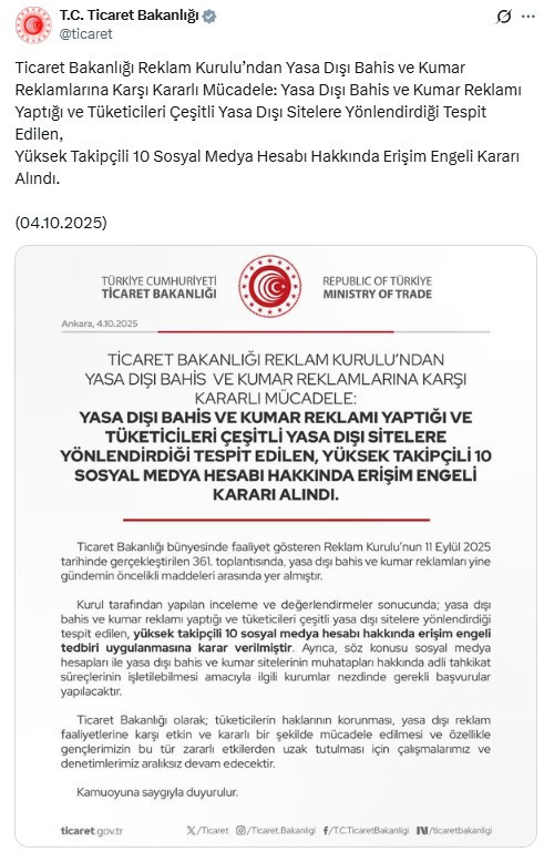 Yasa dışı bahis reklamı yaptığı tespit edilen 10 sosyal medya hesabına erişim engeli