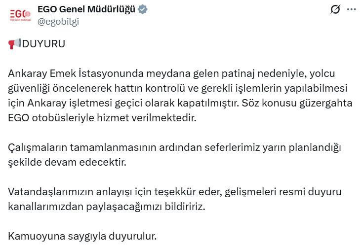 EGO, Ankaray'ın geçici olarak kapatıldığını duyurdu