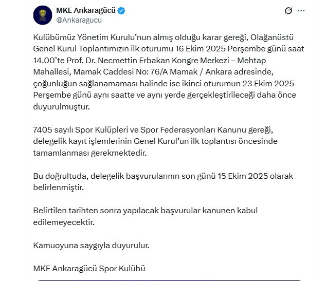 Ankaragücü'nden delegelik işlemleri hakkında duyuru