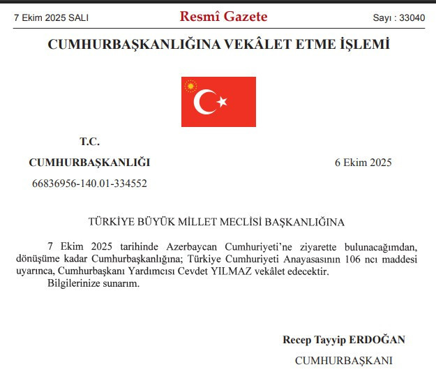 Cumhurbaşkanı Erdoğan'a Cevdet Yılmaz'ın vekalet etmesine dair karar