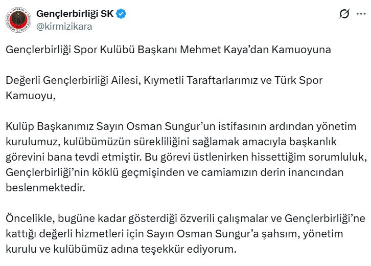 Gençlerbirliği'nin yeni başkanı Mehmet Kaya'dan camiaya ilk mesaj