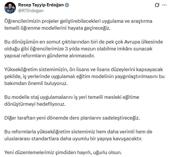 Cumhurbaşkanı Erdoğan açıkladı! Üniversitelerde 3 yılda mezuniyet geliyor!