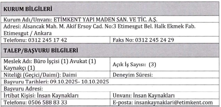 Etimesgut'ta kamu kurumuna büro işçisi, avukat ve kaynakçı alımı yapılacak!