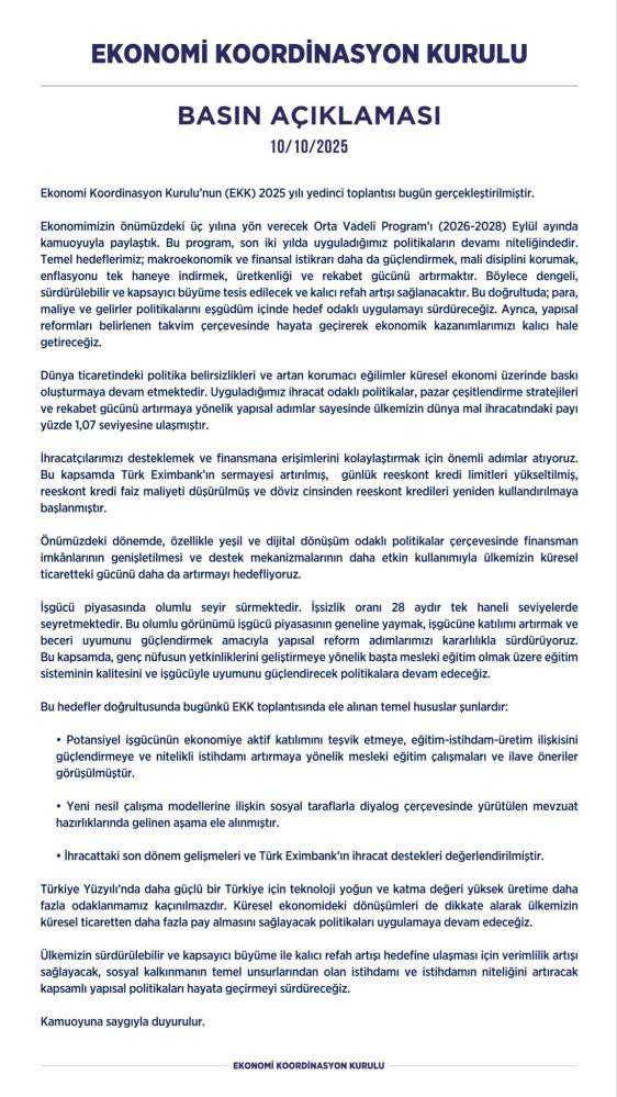 Ekonomi Koordinasyon Kurulu'ndan tek haneli enflasyon ve kalıcı refah artışı hedefi!