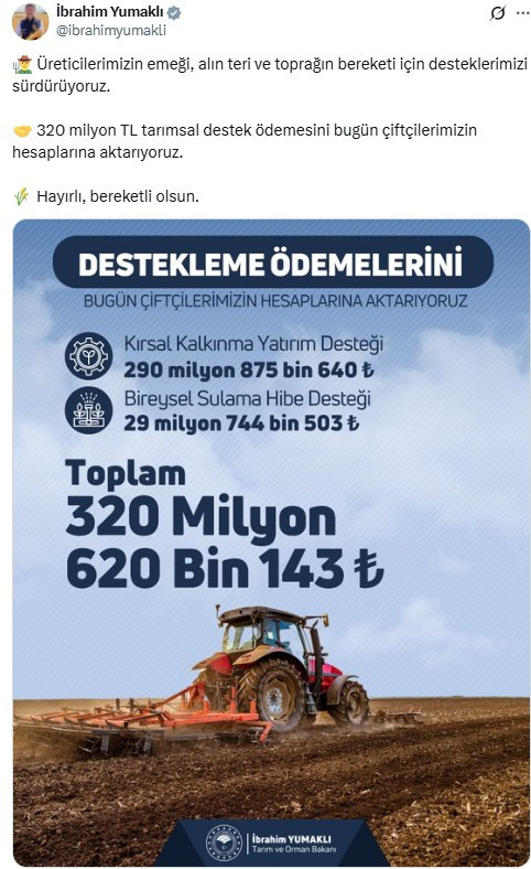 Çiftçilere 320 milyon TL'lik destekleme ödemesi hesaplara aktarılacak