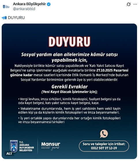 ABB'den sosyal yardım alan hanelere kömür satışı yapmak isteyen işletmelere duyuru