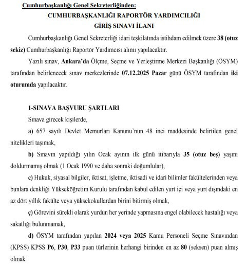 Cumhurbaşkanlığı, Ankara'daki sınavla 38 Raportör Yardımcısı alacak