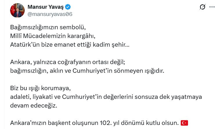 Mansur Yavaş'tan Ankara'nın başkent ilan edilişinin 102. yıl dönümü mesajı