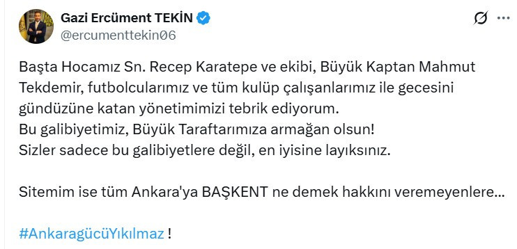Ankaragücü Başkanı Gazi Ercüment Tekin galibiyeti taraftarlara armağan etti