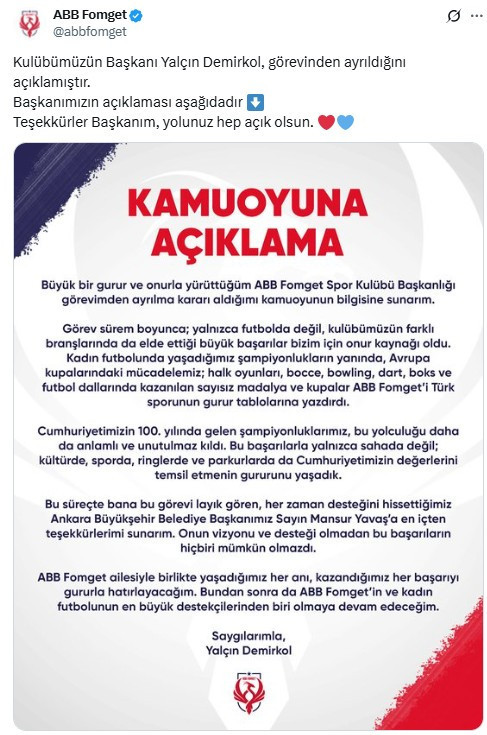ABB FOMGET Kulübü Başkanı Yalçın Demirkol istifa ettiğini duyurdu