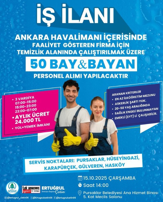 Pursaklar Belediyesi duyurdu: Ankara Havalimanı'nda 50 temizlik personeli istihdam edilecek!