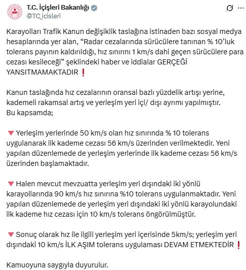 İçişleri Bakanlığı'ndan radar cezalarına ilişkin açıklama!