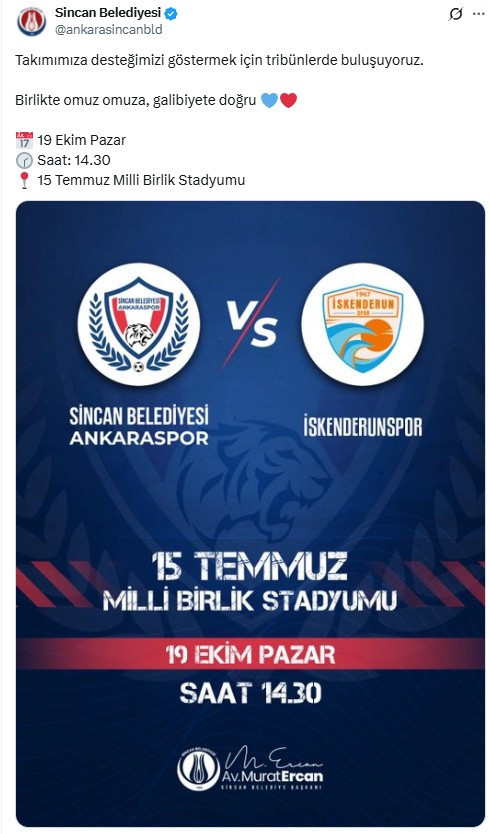 Sincan Belediyesi taraftarları 'Ankaraspor' maçına davet etti