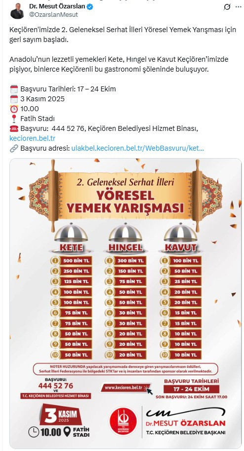 Keçiören'de 2. Geleneksel Serhat İlleri Yöresel Yemek Yarışması başvuruları başladı!