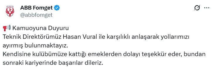 ABB Fomget'te Teknik Direktör Hasan Vural ile yollar ayrıldı