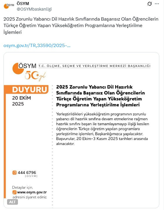 Zorunlu yabancı dil hazırlık sınıfını geçemeyen öğrenciler için ÖSYM duyuru yaptı