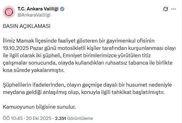 Ankara Valiliği'nden Mamak'ta kurşunlanan emlak ofisi hakkında açıklama!
