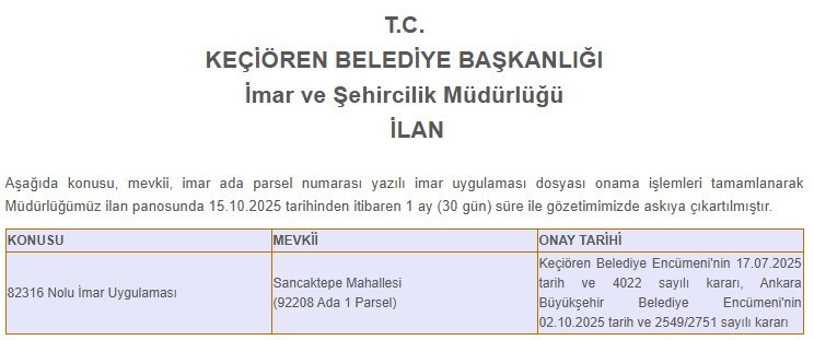 Keçiören Belediyesi'nden imar planı değişikliği duyurusu