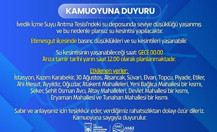 ASKİ'den Etimesgut için plansız su kesintisi duyurusu