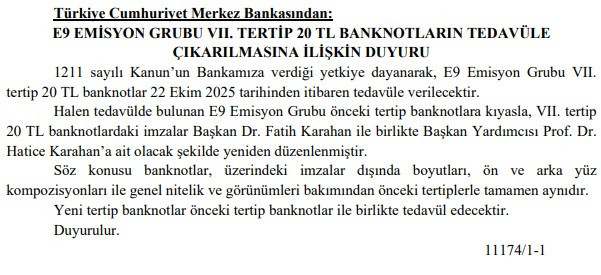 Merkez Bankası bugün 20 TL'lik yeni banknotları tedavüle sokuyor