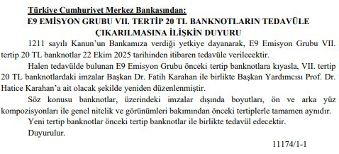 Merkez Bankası duyurdu: Yeni 20 TL banknotlar tedavüle girecek!