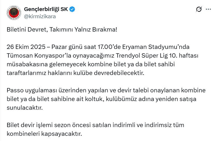 Gençlerbirliği'nden Konyaspor maçı için taraftarlara çağrı