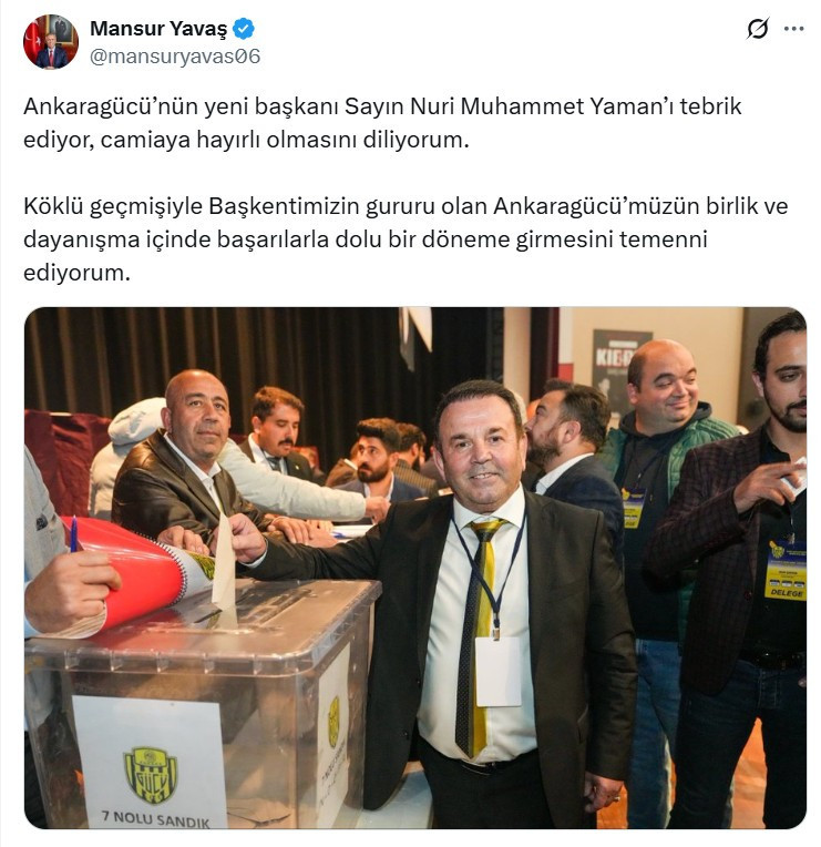 Mansur Yavaş Ankaragücü'nün yeni başkanı Nuri Muhammet Yaman'ı tebrik etti