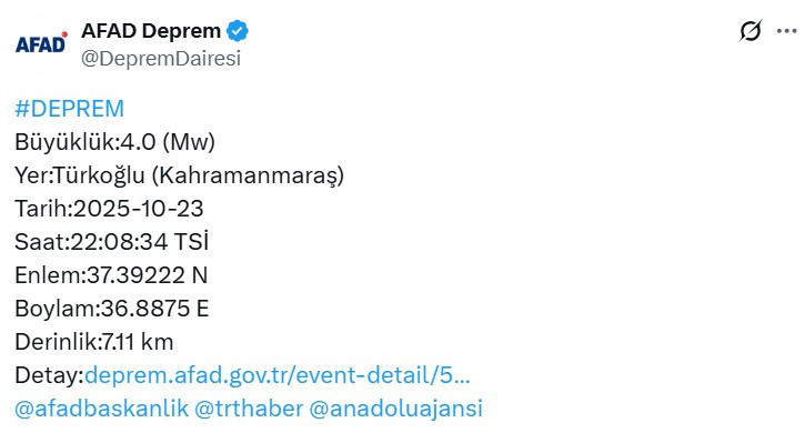 AFAD Kahramanmaraş'ta deprem olduğunu duyurdu!