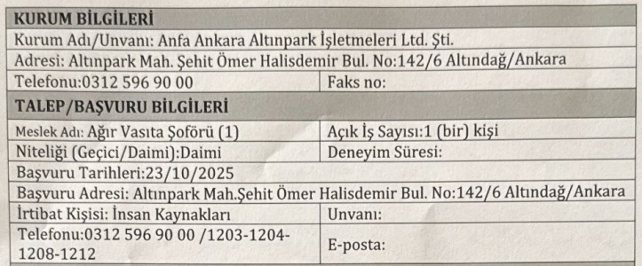 Anfa Ankara Altınpark daimi ağır vasıta şoförü alımı yapacak!