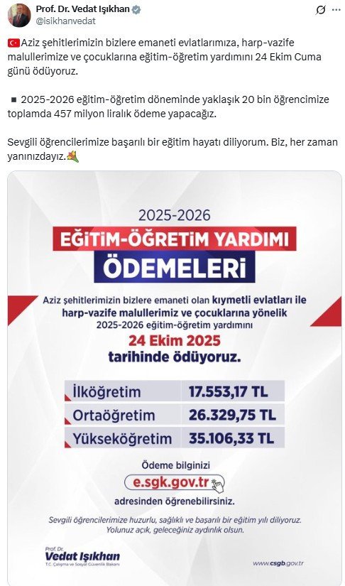 Şehit çocuklarına, harp-vazife malulleri ile çocuklarına eğitim öğretim yardımı yatırılacak