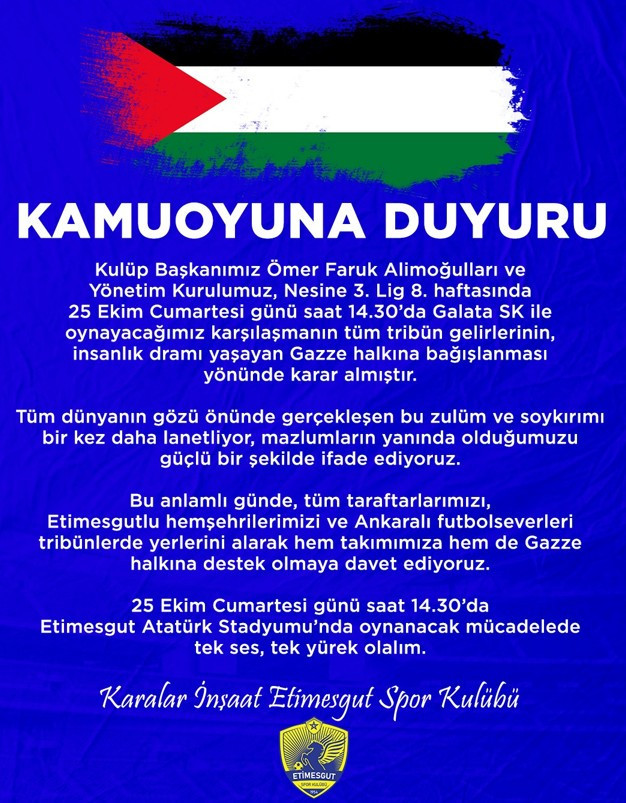 Karalar İnşaat Etimesgut Spor Kulübü tribün gelirini Gazze’ye bağışlayacak
