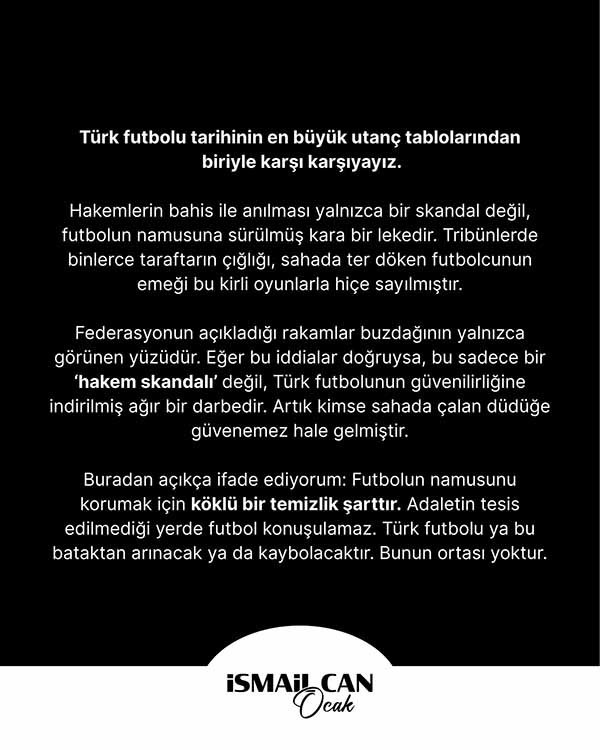 Ankaragücü eski yöneticisi İsmail Can Ocak'tan bahis skandalına ilişkin açıklama