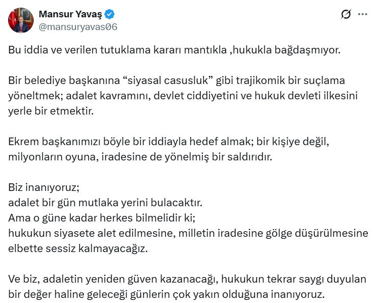 Mansur Yavaş'tan Ekrem İmamoğlu'nun siyasi casusluk suçlamasıyla tutuklanmasına tepki