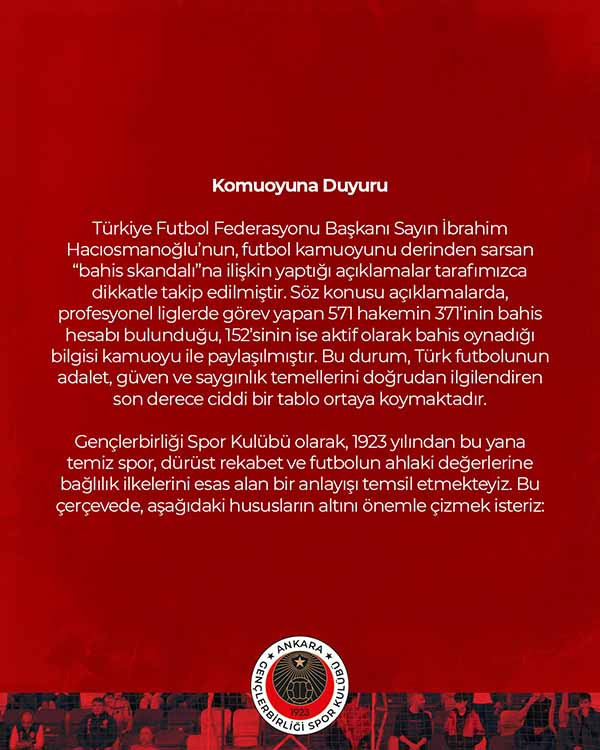 Gençlerbirliği, Keçiörengücü ve Ankaragücü’nden hakemlerin bahis skandalı hakkında açıklama