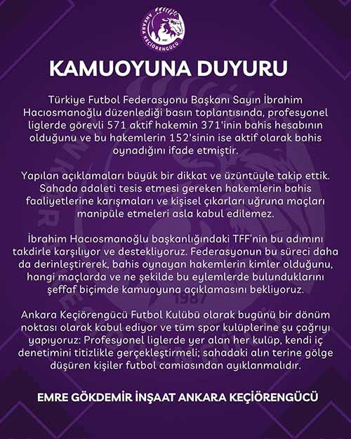 Gençlerbirliği, Keçiörengücü ve Ankaragücü’nden hakemlerin bahis skandalı hakkında açıklama - Resim : 2