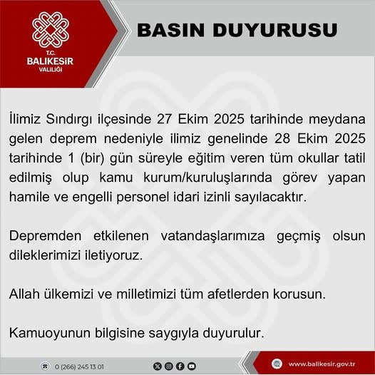 Balıkesir'de depremden dolayı okullar tatil edildi