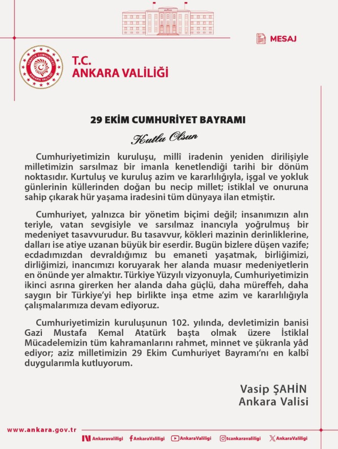 Ankara Valisi Vasip Şahin'den Cumhuriyet Bayramı kutlama mesajı