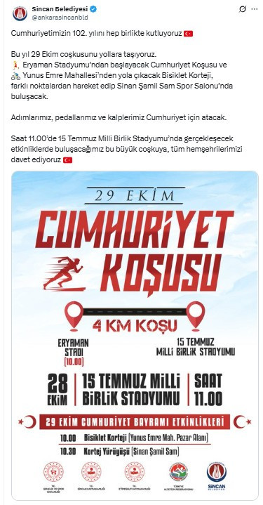 Sincan Belediyesi'nden 29 Ekim Cumhuriyet Koşusu'na davet!
