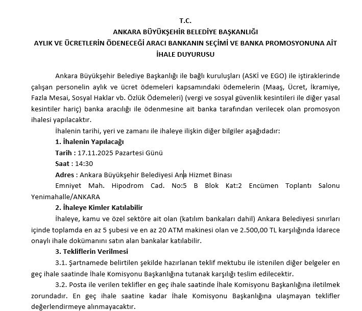 Ankara Büyükşehir Belediyesi EGO ve ASKİ çalışanları için maaş promosyonu ihalesi düzenleyecek!