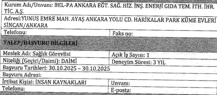 BEL-PA Ankara büro işçisi, sağlık, temizlik ve defin görevlisi alıyor