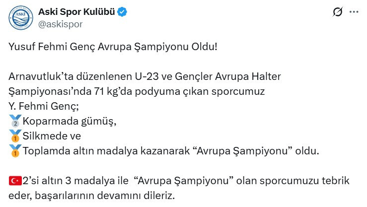 ASKİ Spor'dan Yusuf Fehmi Genç'ten Avrupa Şampiyonluğu başarısı