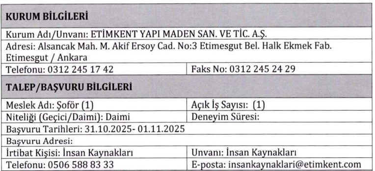 ETİMKENT şoför, işçi, park görevlisi, kaynakçı, boyacı ve marangoz alacak