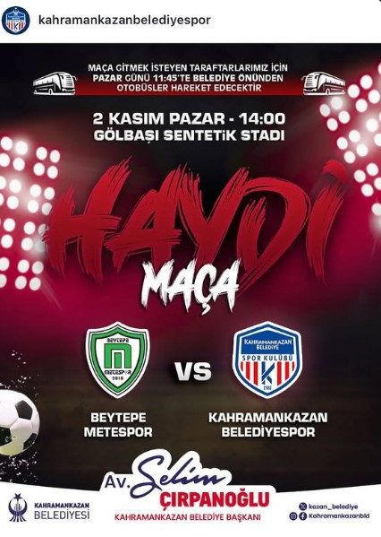 Kahramankazan Belediyesi taraftarlara Pazar günkü maç için ücretsiz otobüs kaldıracak!